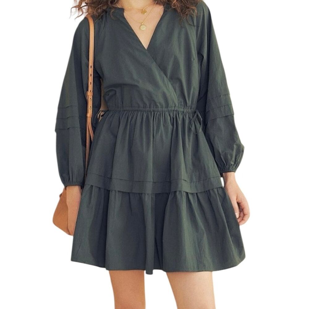 Madewell PXS poplin faux wrap side tie tiered dress pockets D1 2353
